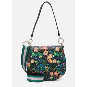 Ted Baker Leather Floral Print Crossbody Saddle Bag Black Multi Webbing Strap